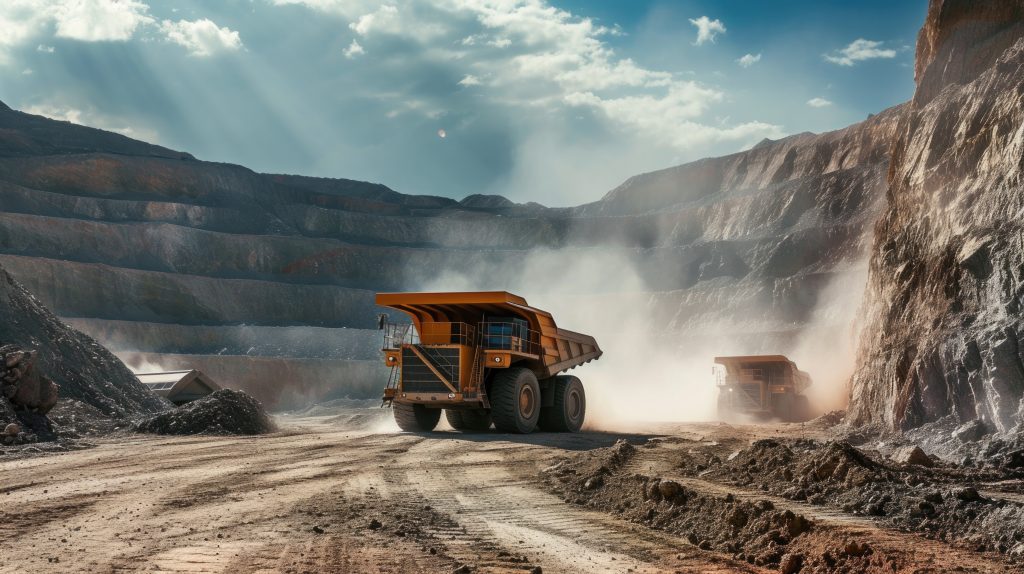 big vehicles at the mining site, cinematic photography --ar 16:9 --v 6 Job ID: 41427236-635f-4731-9dac-188f887d01ca